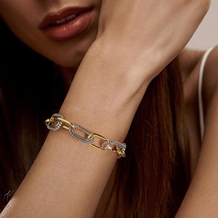 Mytys Link Bracelet for Women Gold and Silver 2 tone Circles Chain Wire Bangle Bracelets