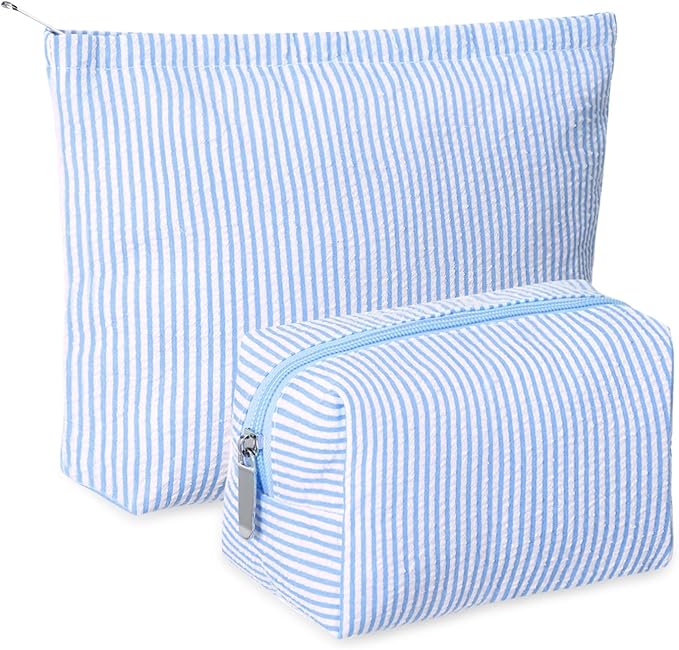 2 Pieces Makeup Bag Set Cute Cosmetic Pouch for Women Seersucker Travel Toiletry Bag Preppy Small Makeup Purse Pouch Aesthetic Skincare Brushes Storage Organizer for Christmas Women(Blue)