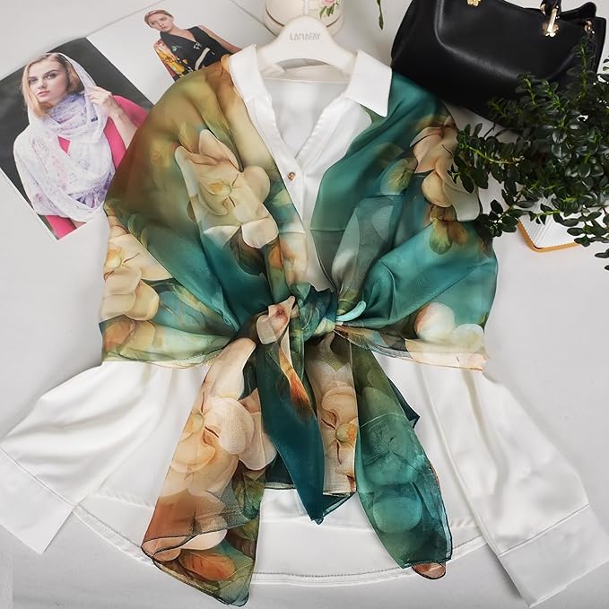 100% Mulberry Silk Women's Neck Silk Scarf-Lightweight Shawl,FLoral Print Beach Silk Wrap-Scarves for Photography
