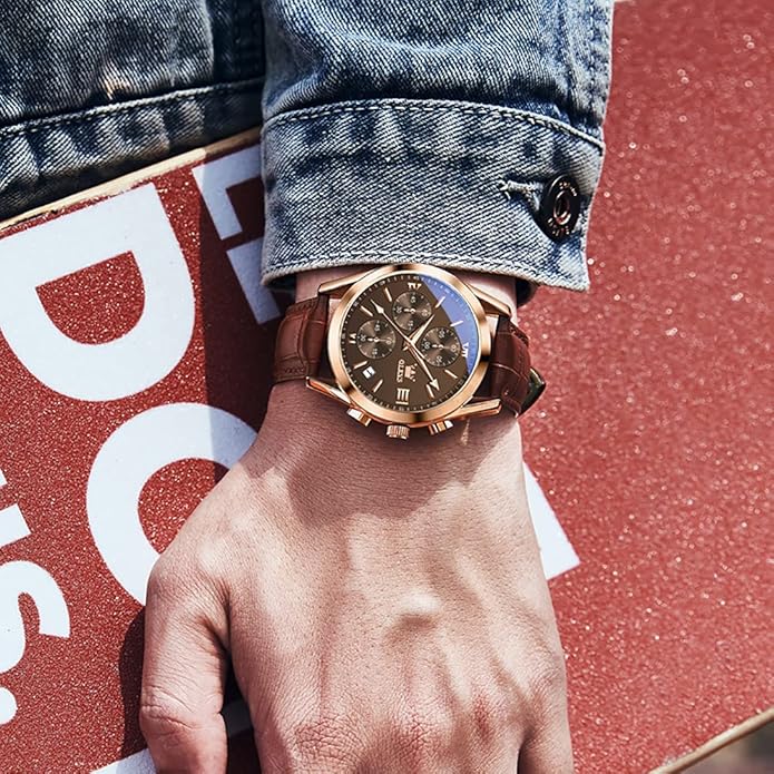 OLEVS Men's Watches Brown Leather with Date,Casual Watches for Men,Large Face Watches Men,Chronograph Mens Watch,Sport Waterproof Business Dress Analog Quartz Men's Wrist Watches Reloj De Hombre