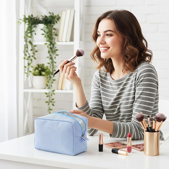 Sanwuta 3 Pcs Seersucker Makeup Bags Seersucker Cosmetic Bags Striped Women Large Travel Toiletry Organizer Preppy Storage Pouch for Embroidery Wedding Bridesmaid Gifts(Light Blue)