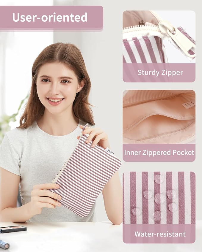 Narwey Small Striped Makeup Bag for Purse Travel Makeup Pouch Cosmetic Bag Zipper Pouch Bags for Women (Dusty Pink Stripe)