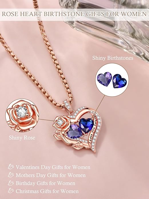 Rose Heart Necklaces for Women, Rose Gold Forever Love Jewelry with 2 Birthstones Pendant, Christmas Anniversarry Birthday Gifts for Her Wife Mom Grandma, 18+2 Inch Chain
