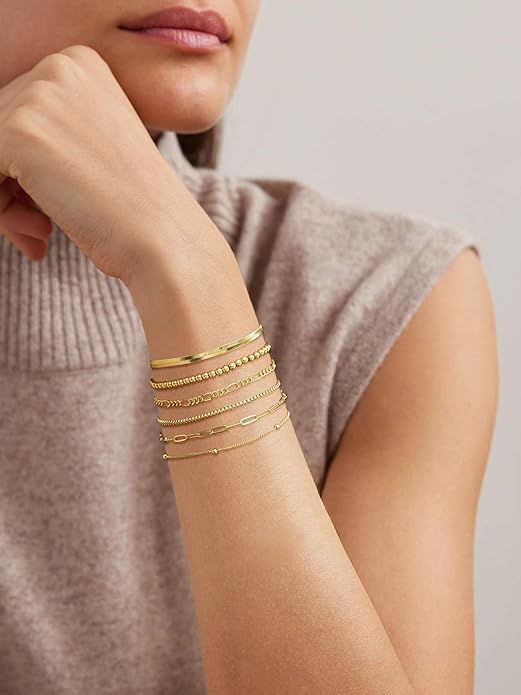 DEARMAY Gold Bracelets for Women Waterproof, 14K Gold Plated Jewelry Sets Trendy Thin Dainty Stackable Cuban Link Paperclip Chain Bracelet Pack Fashion Accessories Gifts for Womens