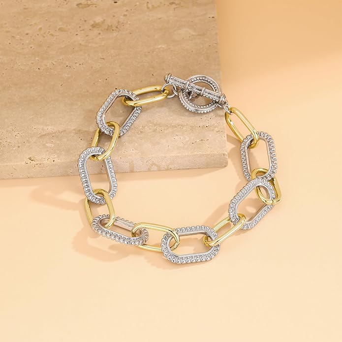 Mytys Link Bracelet for Women Gold and Silver 2 tone Circles Chain Wire Bangle Bracelets