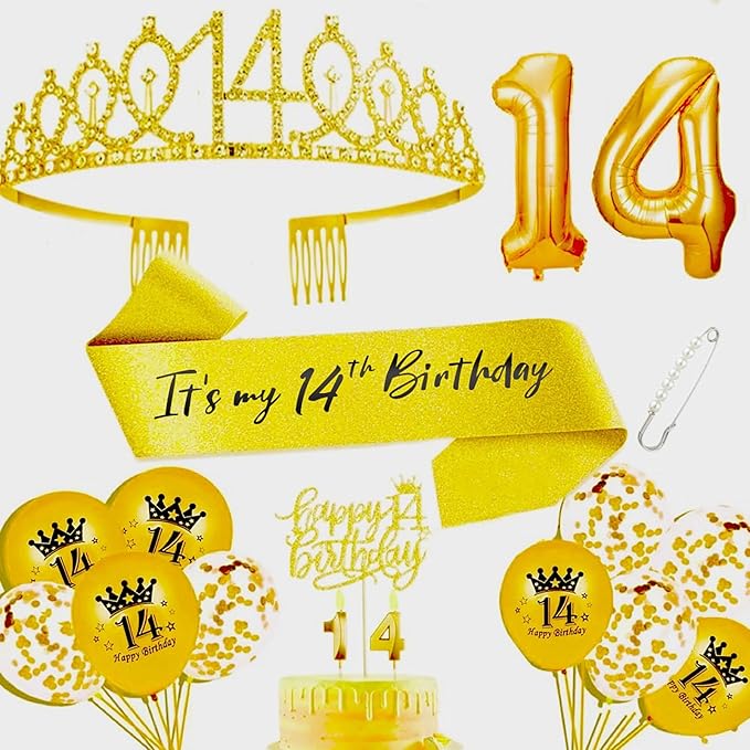 14th Birthday Decorations for Her Girls Set, Include 14th Birthday Crown and 14 Sash, 14th Birthday Cake Topper and 14 Birthday Candles, Gold 14 Balloons, Women 14th Party Supplies(Gold)
