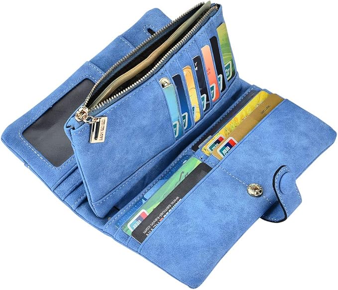 Women's Genuine Leather Bifold Clutch Wallet Large Capacity Card Organizer with Buckle Closure in Candy Colors (Blue)