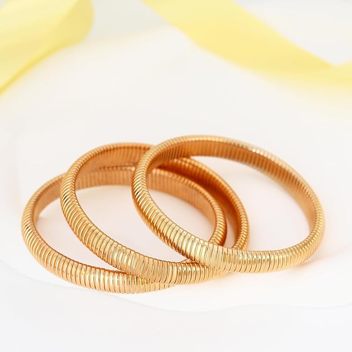 MISS RIGHT Gold Chunky Stretch Snake Chain Bangle Bracelets Stack for Women Trendy, 18K Gold Filled Stainless Steel Stretchy Womens Stackable Wristband Bangles Bracelet Set