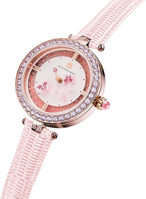 Women's Watch Butterfly Watches for Women Moving Butterflys Hands with Genuine Leather Strap Bee Watches for Women BLACK BY BLUE BRAVE Butterfly Lovers, Sapphire Crystal Glass combining Cubic Zirconia Stones and 3.5mm Synthetic Crystal Women's Wrist Watch