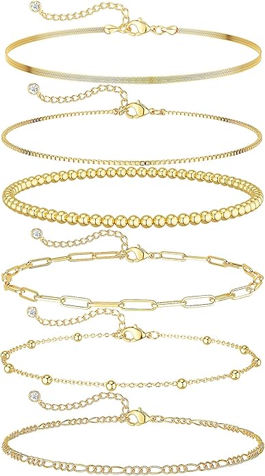 DEARMAY Gold Bracelets for Women Waterproof, 14K Gold Plated Jewelry Sets Trendy Thin Dainty Stackable Cuban Link Paperclip Chain Bracelet Pack Fashion Accessories Gifts for Womens