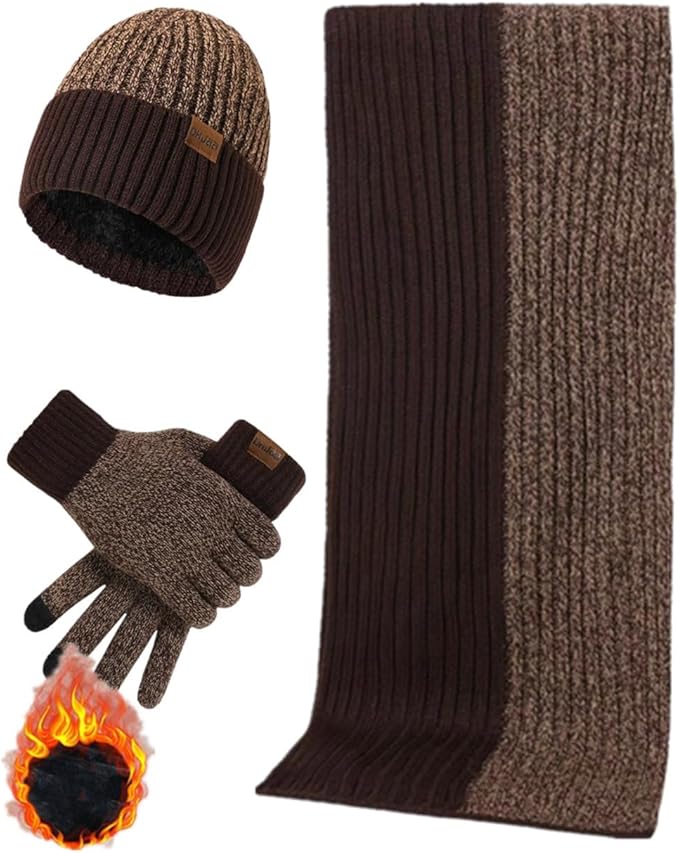 Mens Winter Scarf Hats and Gloves Set Knit Beanie Hat Warmer Scarfs and TouchScreen Glove 3 Pcs for Men