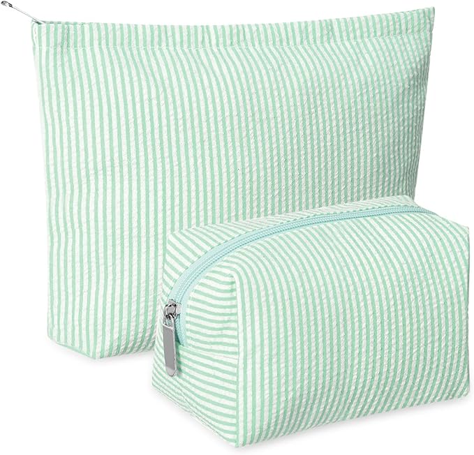 2 Pieces Makeup Bag Set Cute Cosmetic Pouch for Women Seersucker Travel Toiletry Bag Preppy Small Makeup Purse Pouch Aesthetic Skincare Brushes Storage Organizer for Christmas Women(Green)