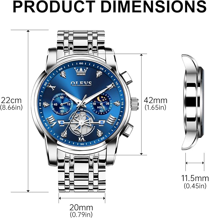 OLEVS Men Silver Watches,Men's Stainless Steel Chronograph Watch,Man Analog Quartz Big Face Male Watches Luxury Waterproof Roman Numeral Dress Diamond Relojes para Hombre
