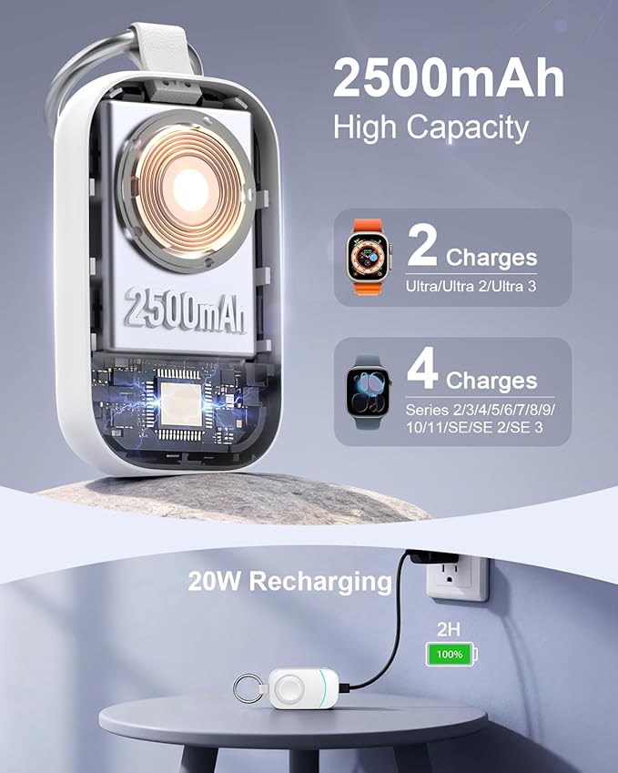 2500mAh Travel Charger for Apple Watch - Portable Charger with Keychain for Apple Watch - Stocking Stuffers for Men, Women, and Adults White