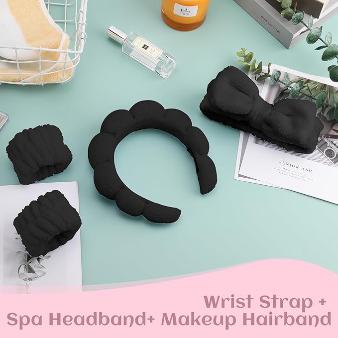 Spa Headband & Wristband Set for Women – Puffy Sponge Makeup Headband for Washing Face, Skincare Hairband, Cute Presents for Teenage Girls and Trendy Teen Girl Gifts