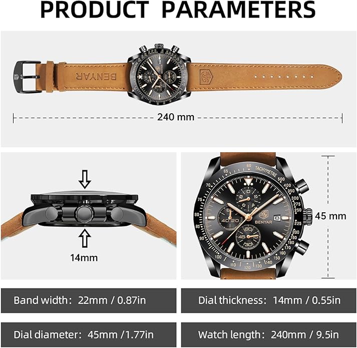 BY BENYAR Watch for Men Analog Quartz Chronograph Waterproof Luminous Designer Mens Wrist Watches Business Work Sport Casual Dress Watch with Silicone Strap Elegant Gifts for Men