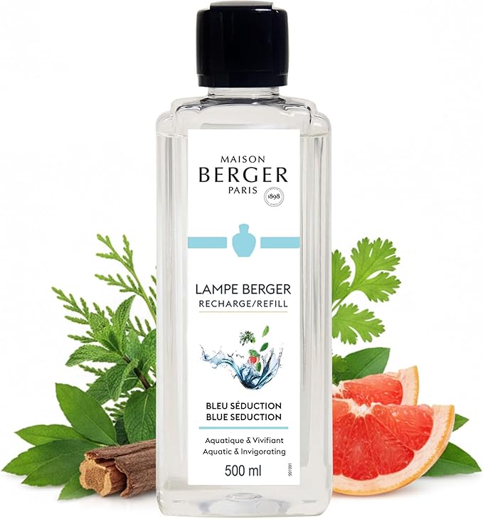 MAISON BERGER Bleu Séduction Lampe Berger Refill, 500 ml (16.9 fl oz), 2-in-1 Catalytic System, Neutralizes Odors and Diffuses Fragrance, Aquatic Notes, Grapefruit, Marine Pine, Made in France