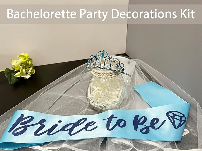 JETKONG 3 Pcs Bachelorette Party Decorations "BRIDE" Crown, Bride to Be Sash&Veil for Women Bachelorette Party Gifts, Bridal Shower Supplies, Gifts, Favors (Light Blue)