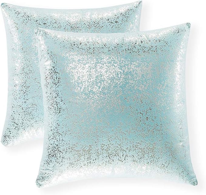 Xinrjojo Pack of 2, Shiny Cushion Covers, Decorative Pillow Covers, Soft Solid Color Square Throw Pillow Covers, Pillow Cases for Sofa Bedroom Car 18 x 18 Inch 45 x 45 cm (Silver- Lake Blue)