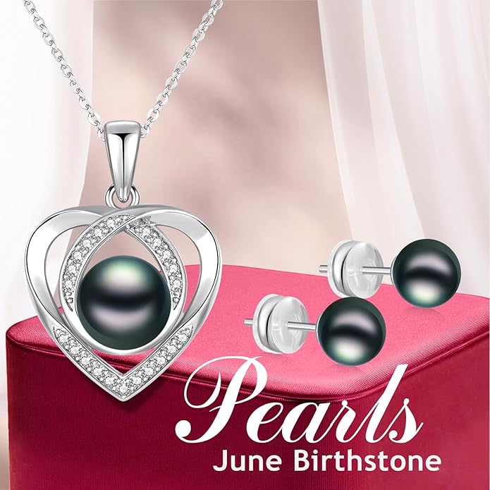 Pearl Necklace and Earring Set for Women, Gold Plated/925 Sterling Silver Heart Jewelry Set-Black Pearl Cubic Zirconia Gifts for Women Wife Mom-Wedding Anniversary Mothers Day Gifts
