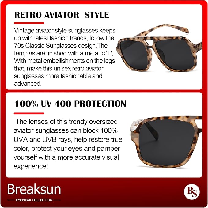 Retro Aviator Sunglasses for Women Men Trendy Classic 70s Square Aviator Sun Glasses Vintage Shades