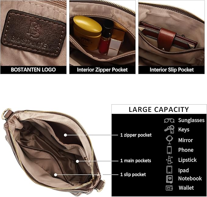 BOSTANTEN Crossbody Bags for Women Trendy Vegan Leather Hobo Purses Shoulder Handbags With Wide Shoulder Strap