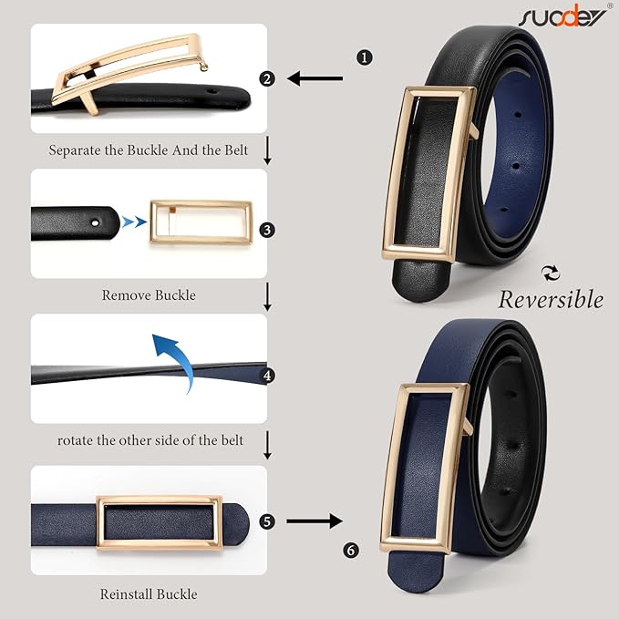 SUOSDEY Women Reversible Leather Belts for Jeans Pants Dresses Ladies Fashion Belts with Gold Buckle, 0.9" Width
