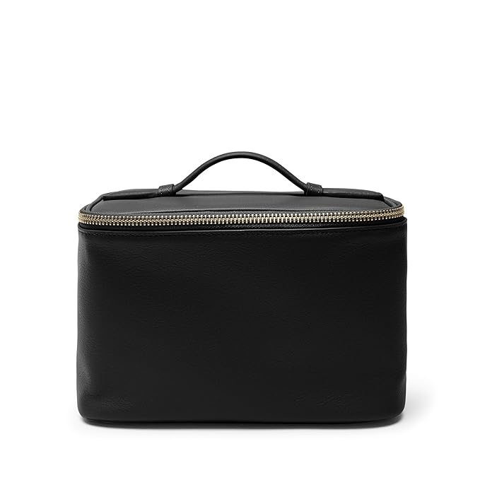 Leatherology Black Onyx Small Train Case – Full-Grain Leather Travel Cosmetic Bag with Water-Resistant Lining, Zippered & Open Pockets, Compact Beauty Organizer