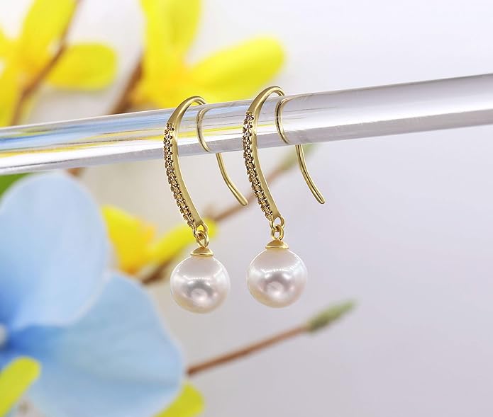 CHAULRI Minimalist Modern Sleek Cultured White Pearl Earrings 8-9mm Gold Plated Sterling Silver - Jewelry Gifts for Women
