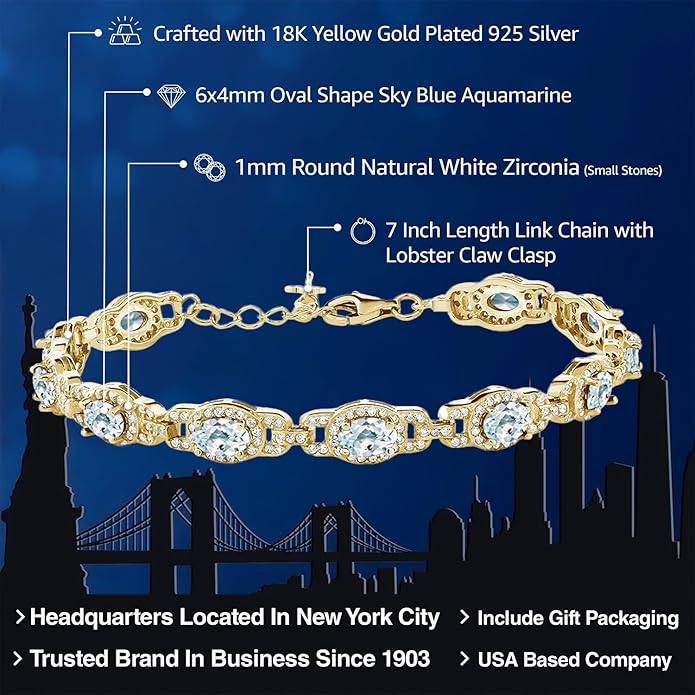 Gem Stone King 18K Yellow Gold Plated Silver Oval Gemstone Birthstone Tennis Bracelet For Women | Oval 6X4MM | 7 Inch With 1 Inch Extender | Fine Jewelry Gifts for Her Mom Women Wife