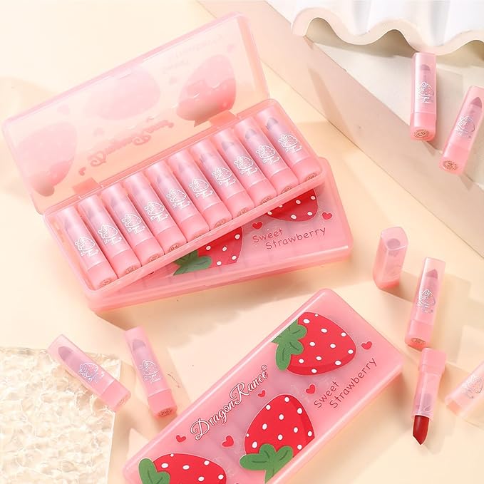 10 Pcs Lip Tint Set Cute Glossy Lip Stains and Matte Lipsticks with Long-lasting and Quick-drying Mini Lip Gloss Lipstick for Makeup Gift (Strawberry, Lipstick)