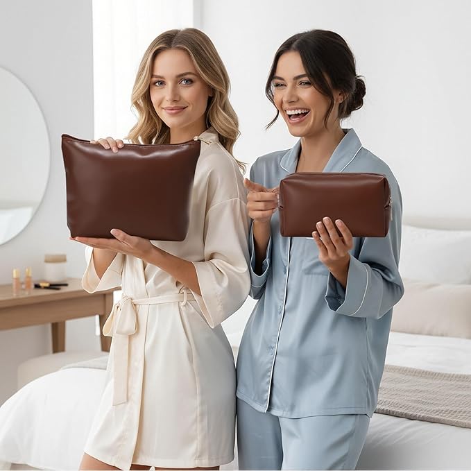Kigeli 2 Pcs PU Leather Makeup Bag Set for Women Aesthetic Cosmetic Bag Small Toiletry Travel Pouch for Purse Emergency Skincare Organizer Valentine Gifts for Bridesmaid Birthday(Dark Brown)