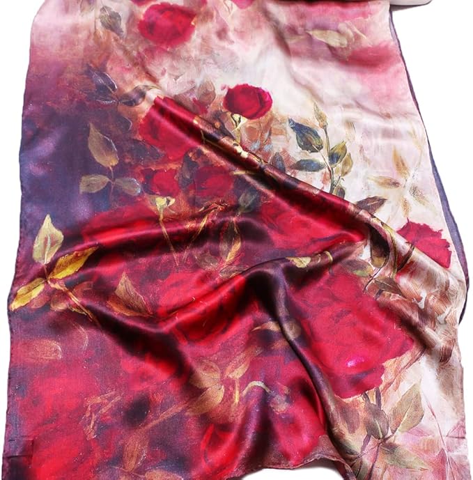 100% Mulberry Silk Scarfs for Women Floral Print Satin Long Scarf for Headscarf Hair Wraps Shawl with Gift Packed