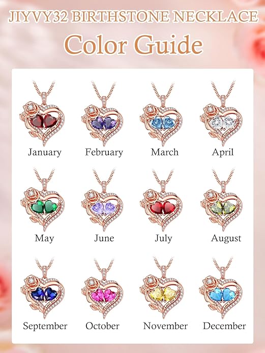 Rose Heart Necklaces for Women, Rose Gold Forever Love Jewelry with 2 Birthstones Pendant, Christmas Anniversarry Birthday Gifts for Her Wife Mom Grandma, 18+2 Inch Chain