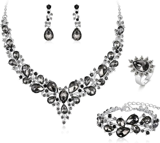 BriLove Wedding Bridal Jewelery for Women Austrian Crystal Teardrop Cluster Statement Necklace Dangle Earrings Link Bracelet Set