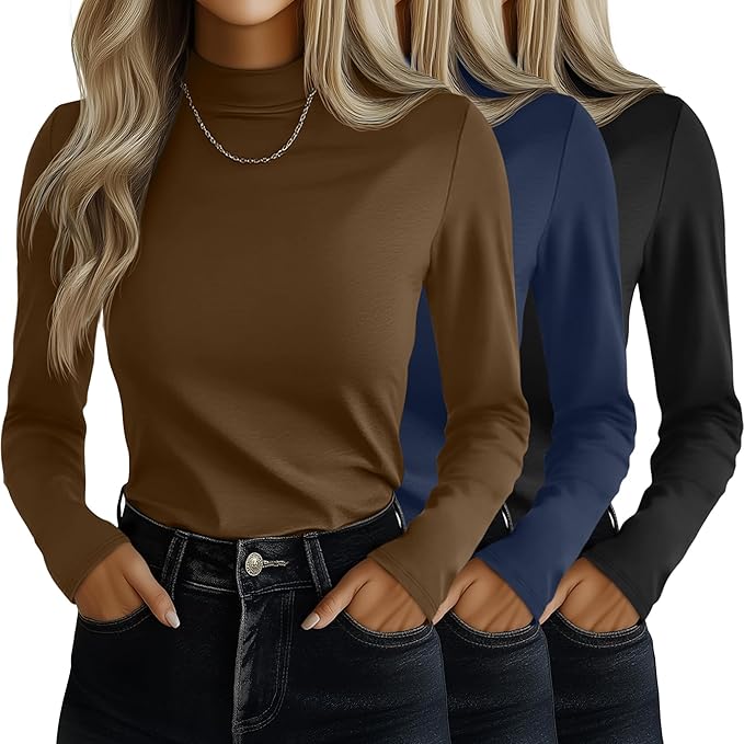 Ficerd 3 Pack Women's Mock Turtleneck Shirts, Long Sleeve Mock Neck Pullover Tops Slim Fitted Stretch Undershirt Tee Blouse