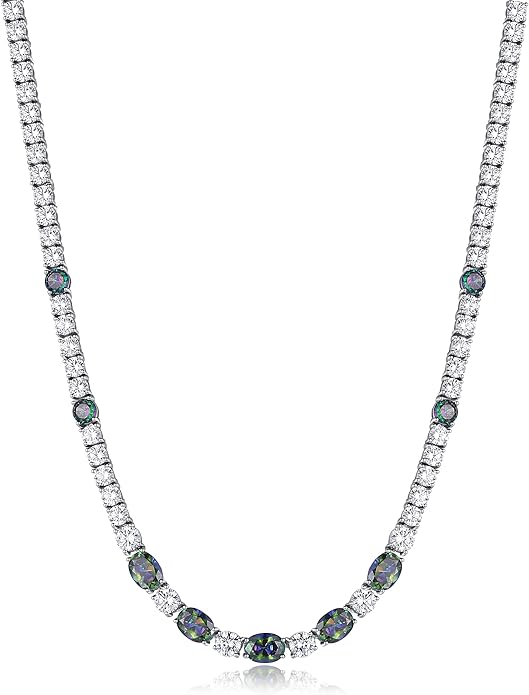 FANCIME Sterling Silver Tennis Necklace 4mm 18 inch Birthstone Necklace with 6 * 8mm Oval Gemstone Luxury Fine Birthday Jewelry Gifts for Women