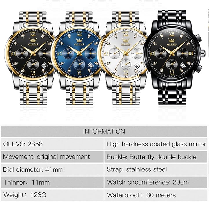 OLEVS Mens Watches Waterproof Stainless Steel Adjustable Bracelet Watch Quartz Analog Watch for Men Fashion Business Classic Mens's Wrist watch's Casual Watches Gold/Blue/Black/White/Face/Dial