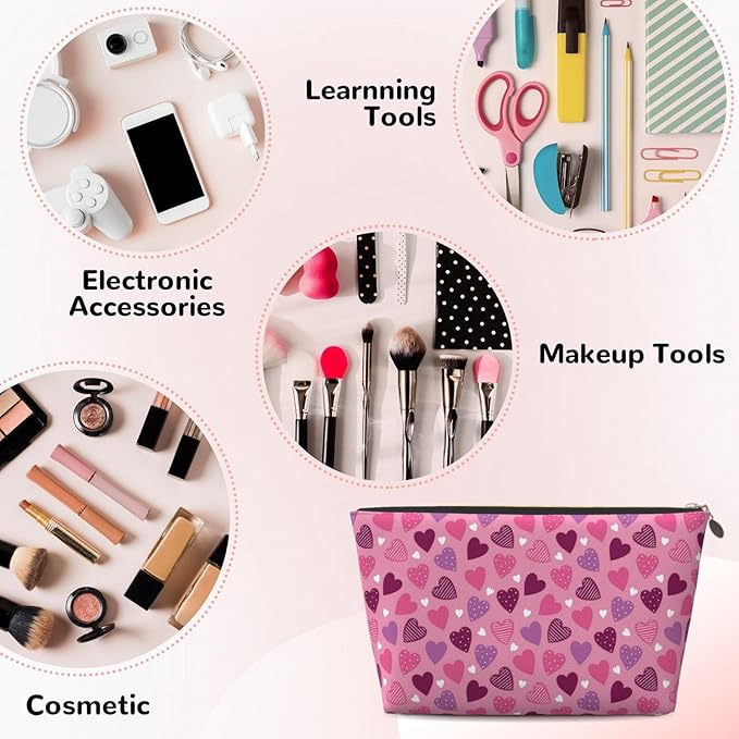 Cute Valentine's Day Hearts Makeup Bag Zipper Pouch Travel Portable Cosmetic Bag Organizer for Women