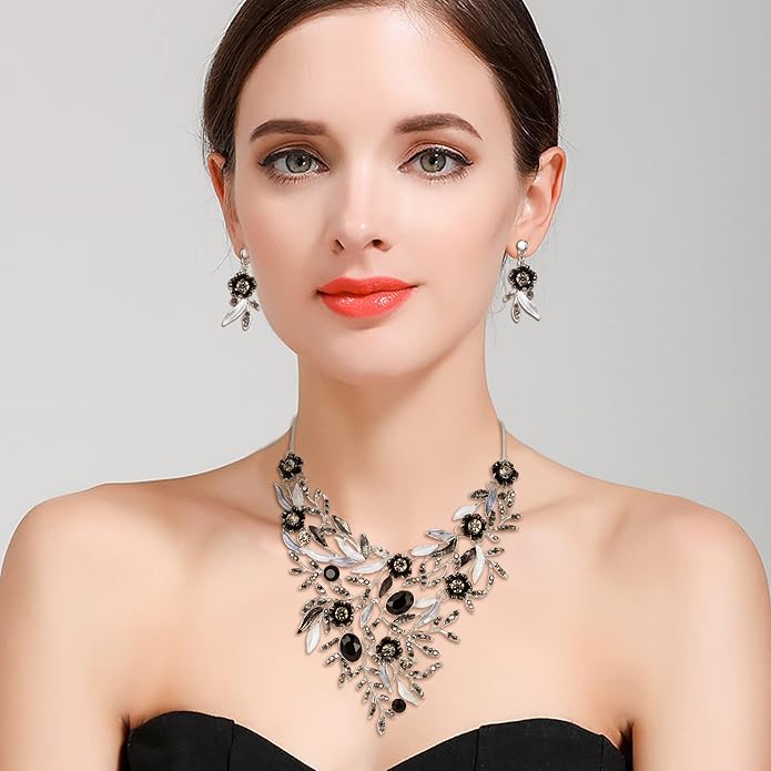 BriLove Wedding Bridal Leaf Cluster Jewelry Set for Women Crystal Flower Enamel Statement Necklace Dangle Earrings