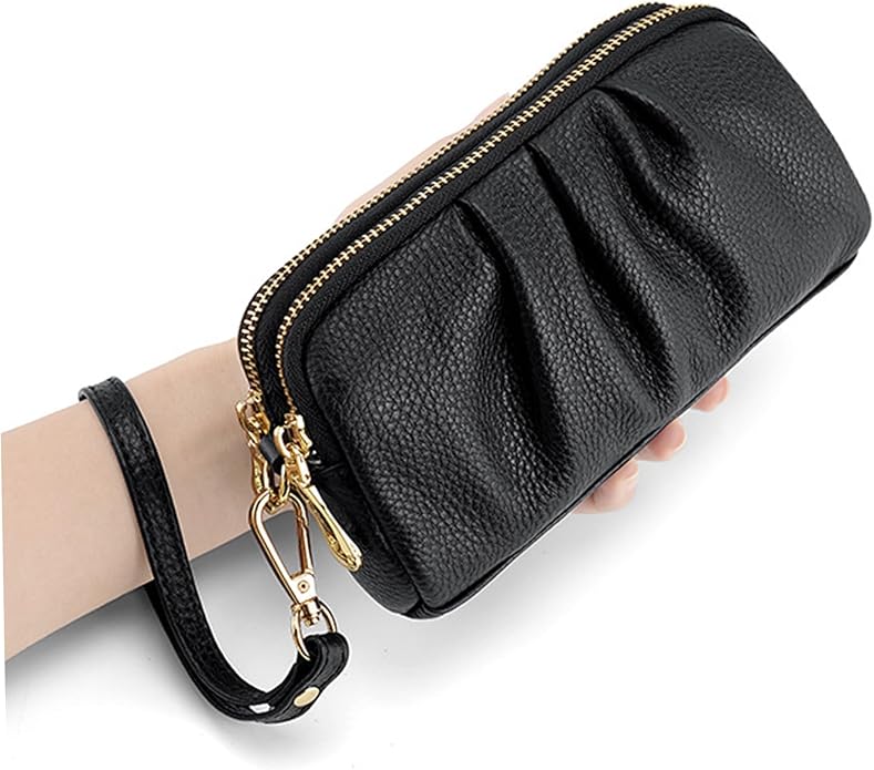 Wristlet Wristlet Wallets for Women, Wallet Stylish Black Ruched 7x2.4x3.9 Cell Phone Purse with Detachable Wrist Strap