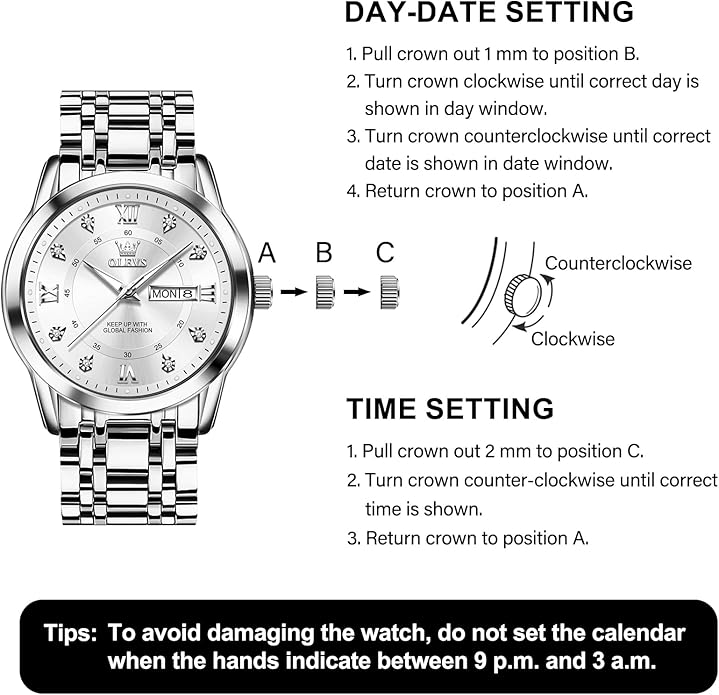 OLEVS Men's Stainless Steel Watch, Large Face Roman Numerals Diamond Accented Three-Hand Analog Quartz Watches for Men, Easy to Read Day Date Waterproof Luminous Mens Wristwatch