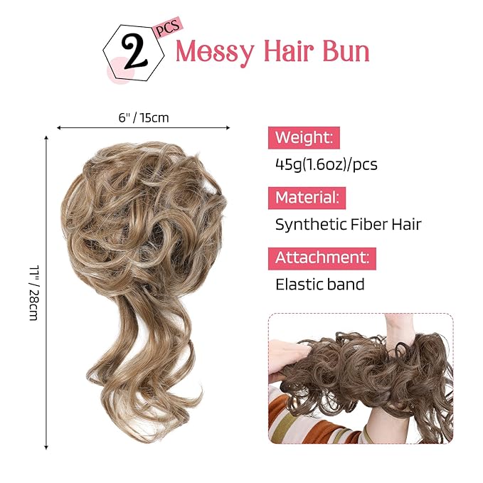 HOOJIH Messy Bun Hair Piece, 2PCS Tousled Updo with Tendrils Bun Extensions Wavy Curly Hair Wrap Ponytail Hairpieces Thick Scrunchies for Women - Dark Blonde