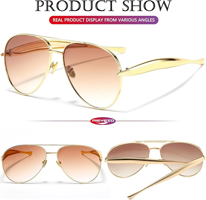 AIEYEZO Gold Aviator Sunglasses for Women Men Oversized Thick Frame Sun Glasses Fashion Retro Sardine Pilot Shades