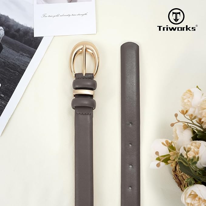 TRIWORKS Women Leather Belt for Jeans Pants Fashion Ladies Skinny Faux Leather Dress belt with Gold Buckle