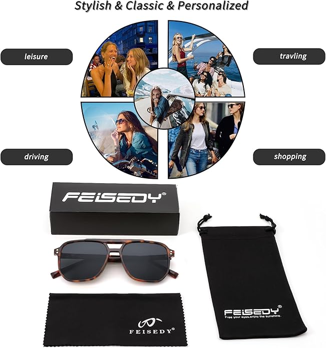 FEISEDY Retro Square Aviator Sunglasses Women Men 70s Vintage Trendy Plastic Frame Sun Glasses B2835