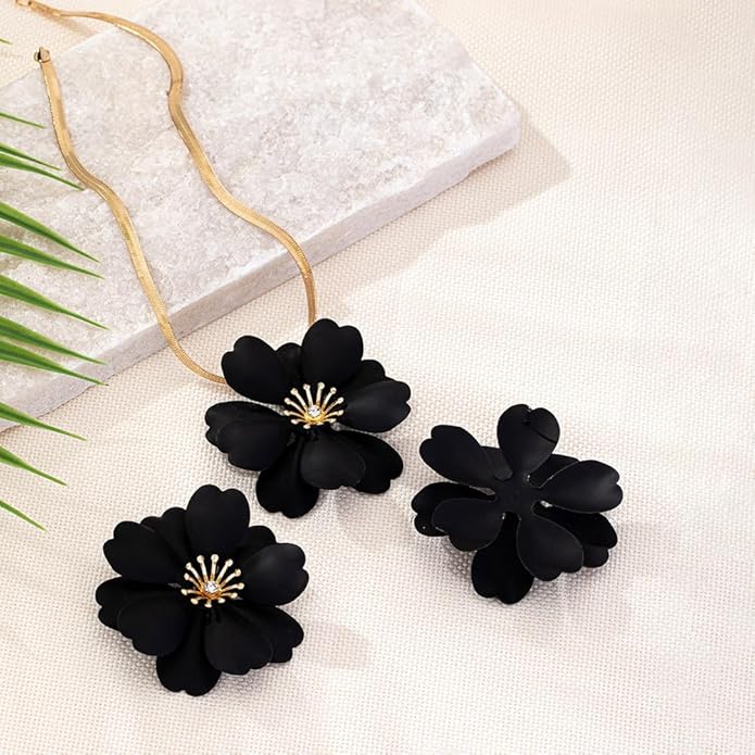 Vintage Flower Necklace Earring Set Gold Snake Chain Necklace Bohemian Red Flowers Choker Necklaces Hypoallergenic Statement Flower Stud Earrings Elegant Bridal Wedding Summer Beach Jewelry