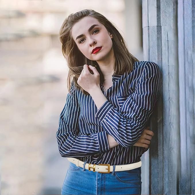 Women's Fashion Classic Metal Buckle Leather Belt with Jeans Dress
