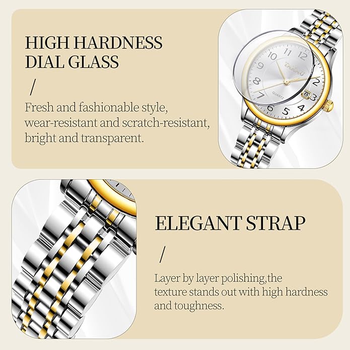 Gold Silver Two Tone Women Stainless Steel Watch Small Wrist ElegantDress Watch for Women Fashion Luxury Waterproof Day Date Analog Quartz Ladies Watches