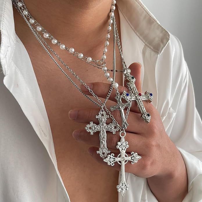 Gold Color Cross Pendant Necklace Set for Women,Dainty Big Crystal Cross Imitation pearl Layered Chain Necklace Summer Party Jewelry